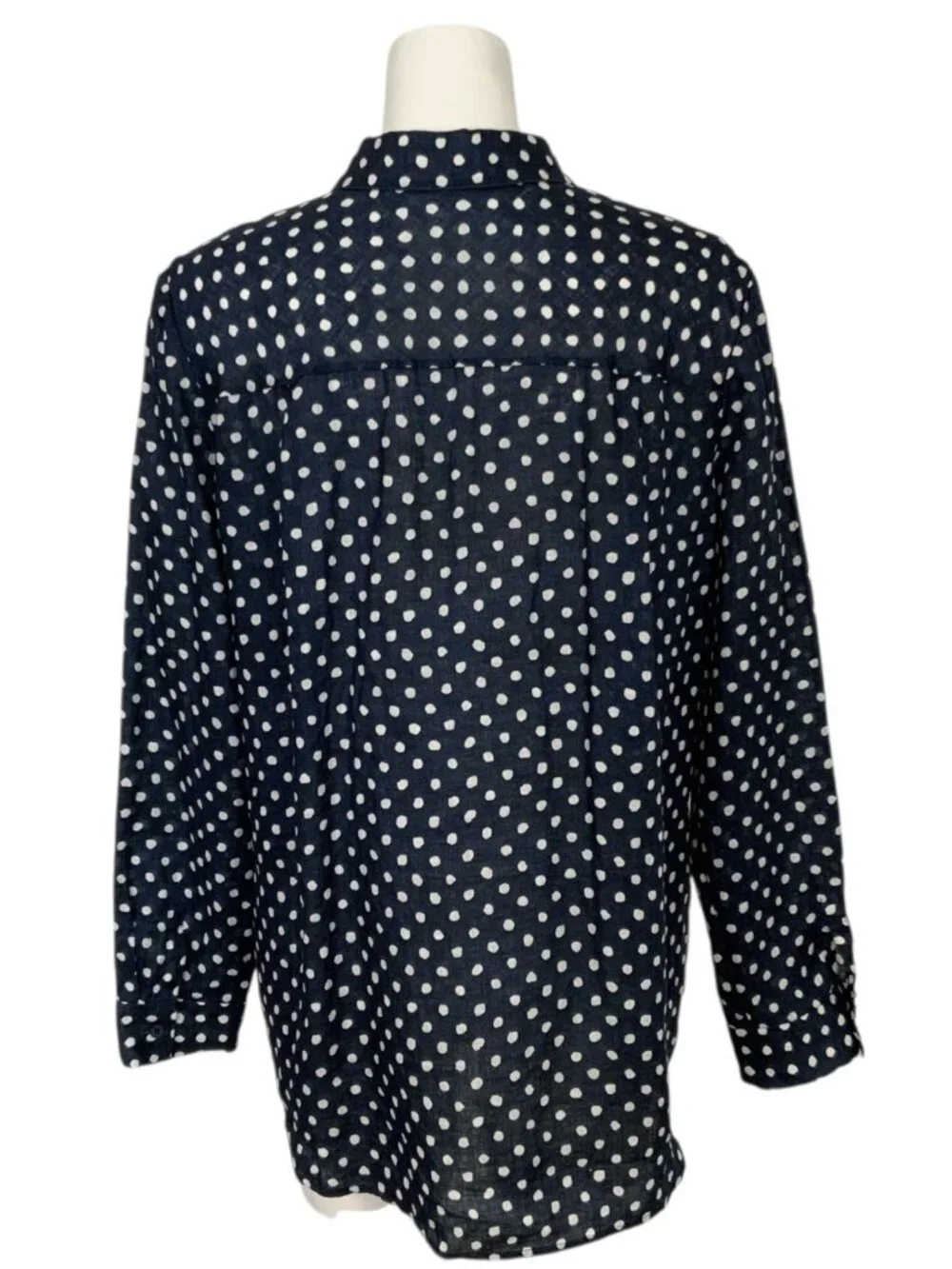 Lafayette 148 Linen Button Front Shirt L Blue Polka Dot - Picture 2 of 15